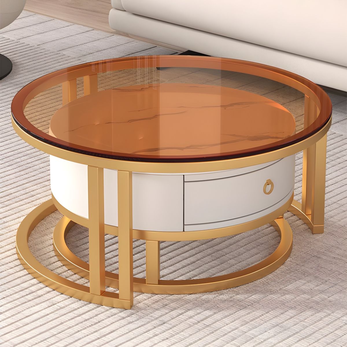 The Luxe Contrast - Smoked Glass Nesting Tables with Hidden Drawer & Gold Frame