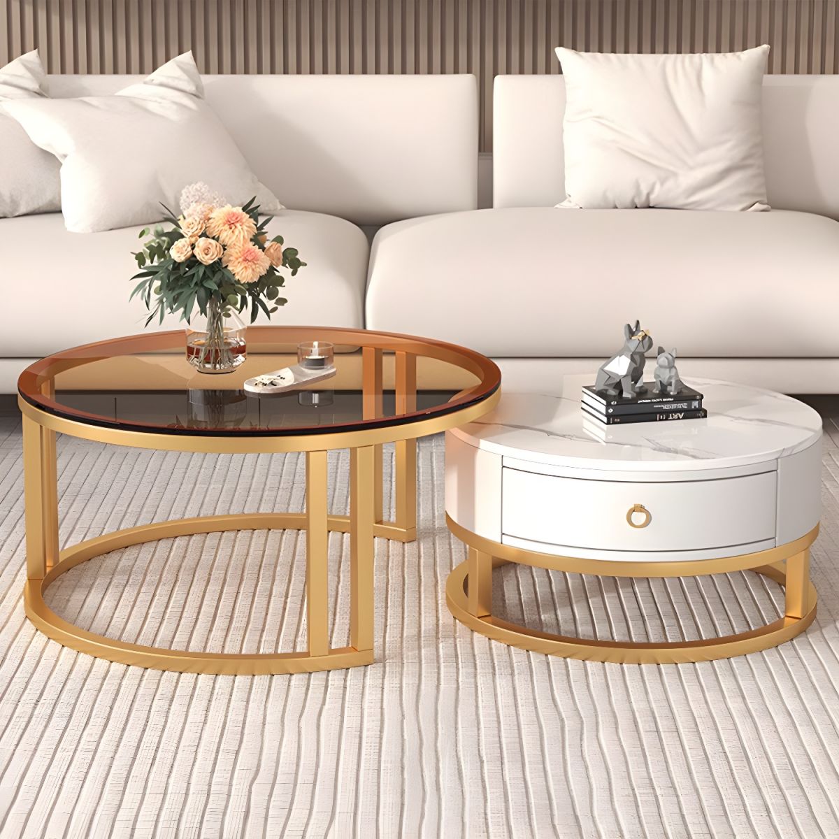 The Luxe Contrast - Smoked Glass Nesting Tables with Hidden Drawer & Gold Frame