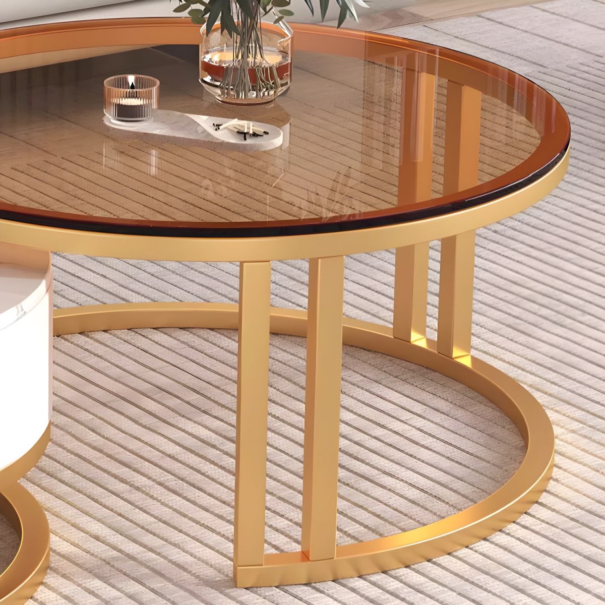 The Luxe Contrast - Smoked Glass Nesting Tables with Hidden Drawer & Gold Frame