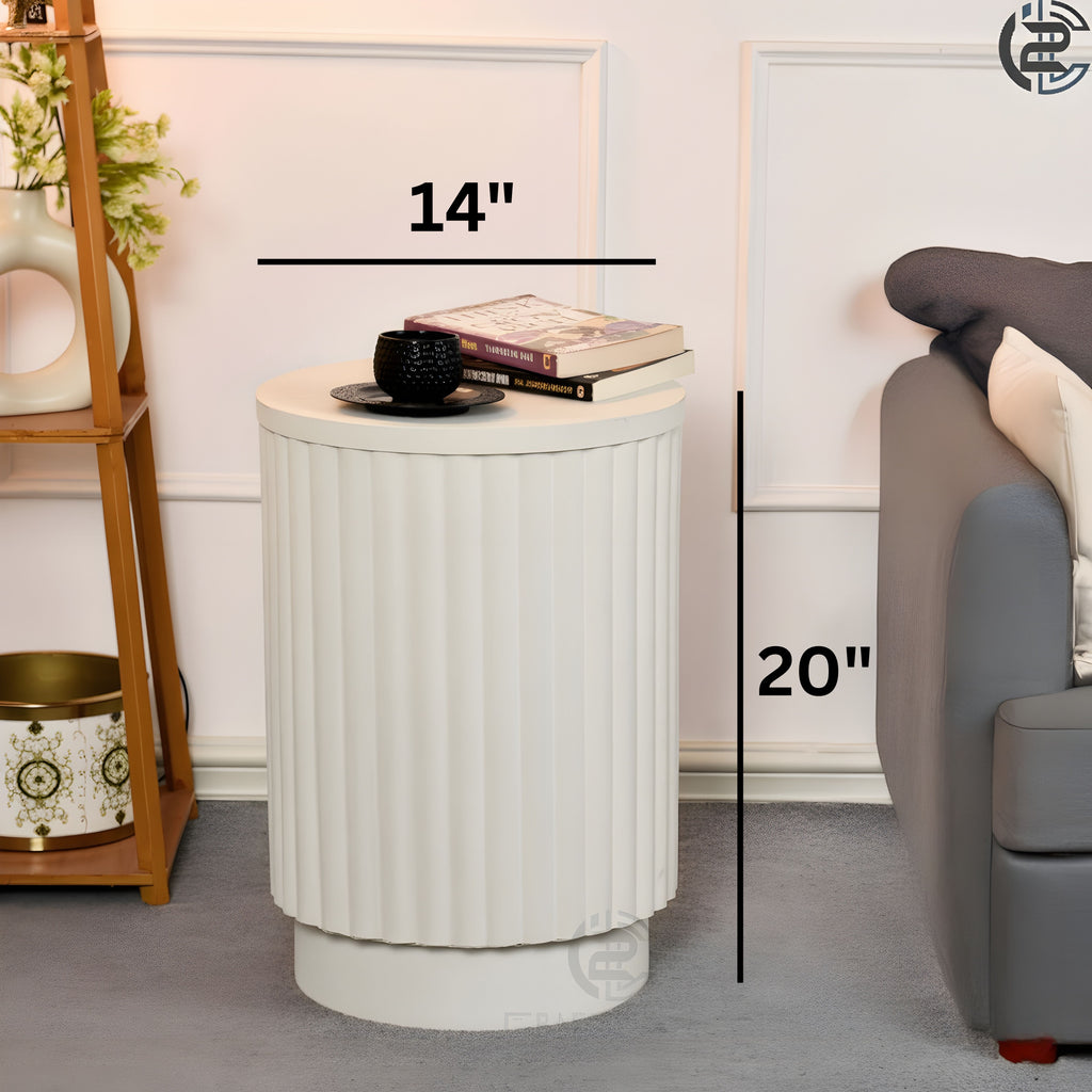 Fluted Metal Side Table White Classic Finish - Round End Table with Storage|Craft2lance