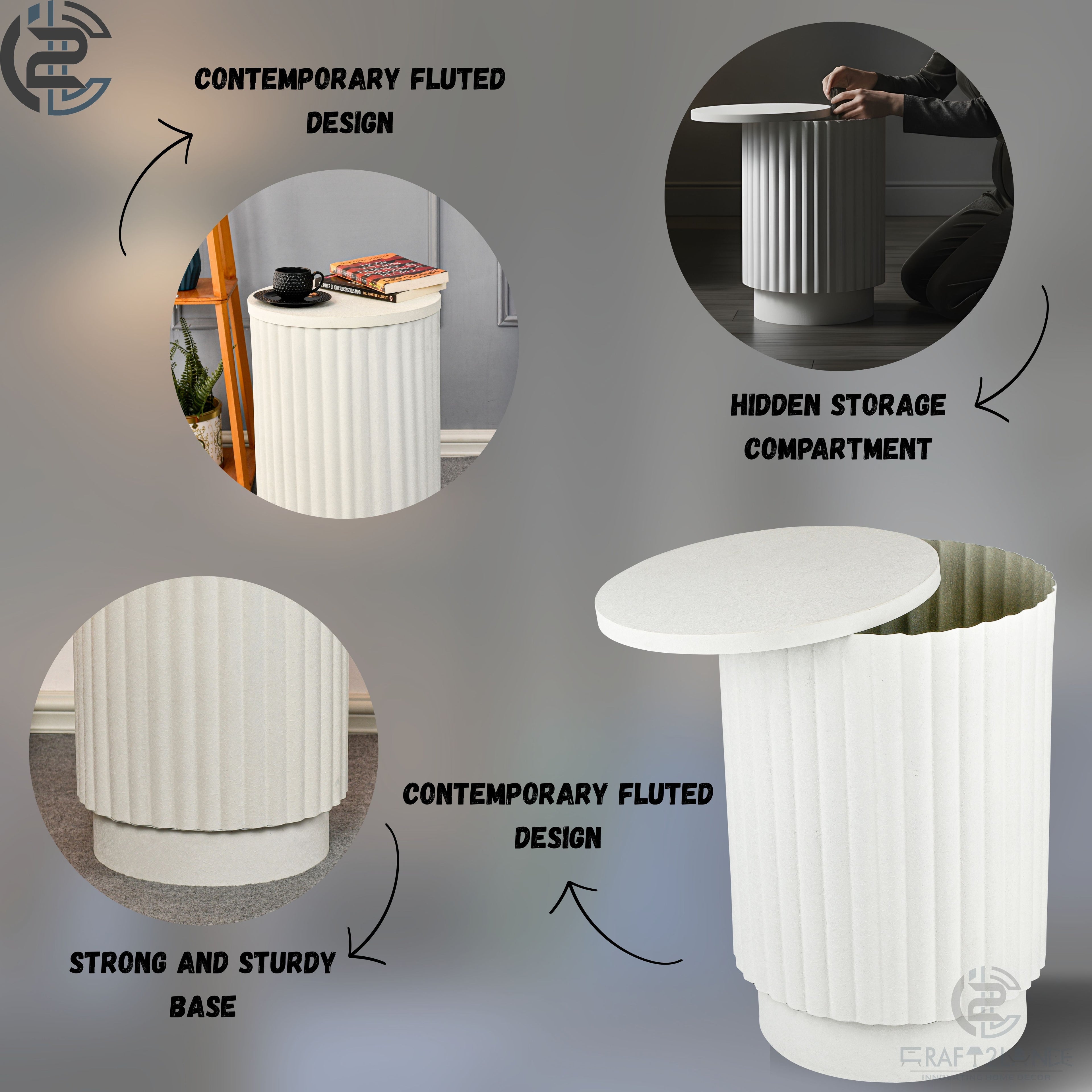 Fluted Metal Side Table White Classic Finish - Round End Table with Storage|Craft2lance