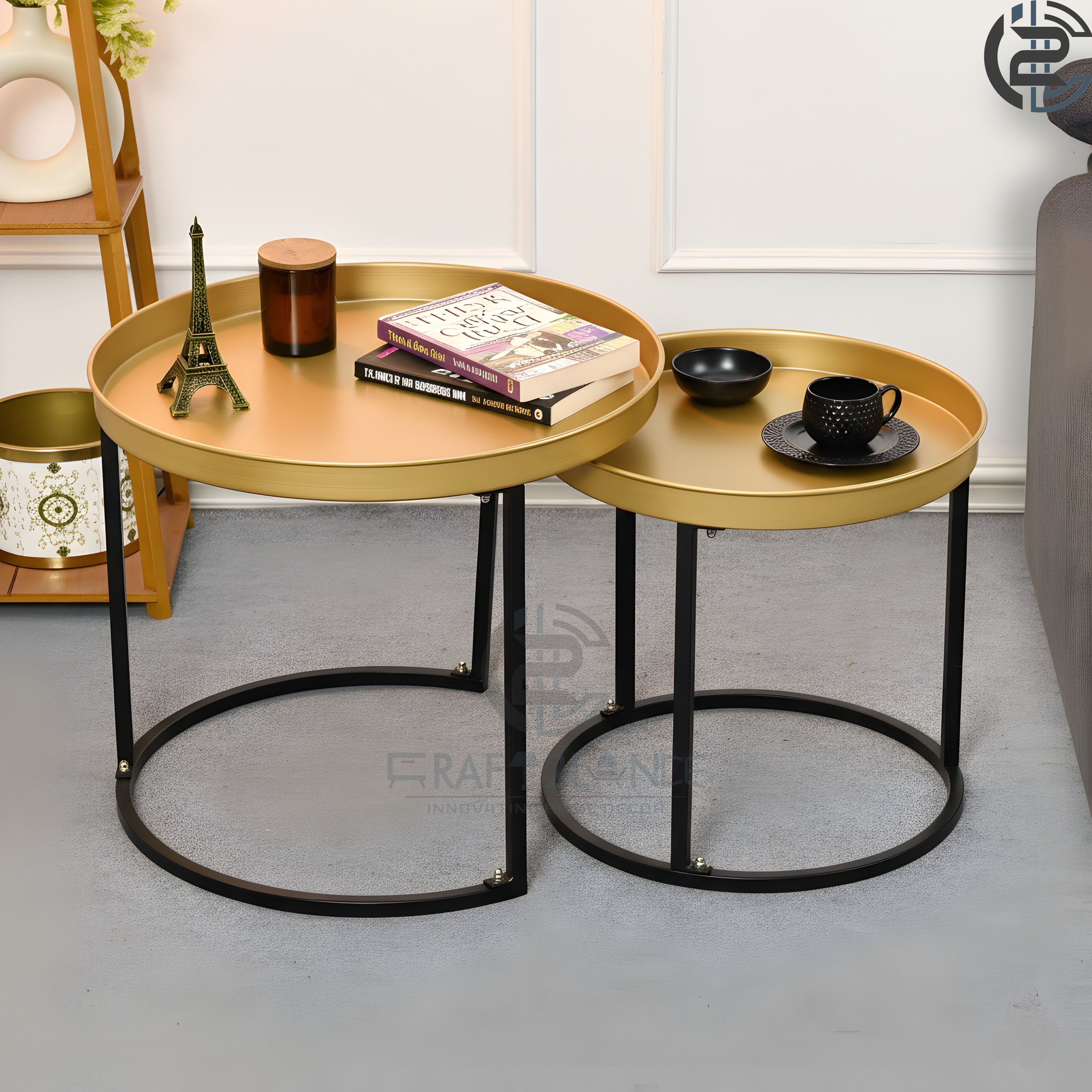 Gold Nesting Tables Set - Round Metal Center Tables with Black Frame
