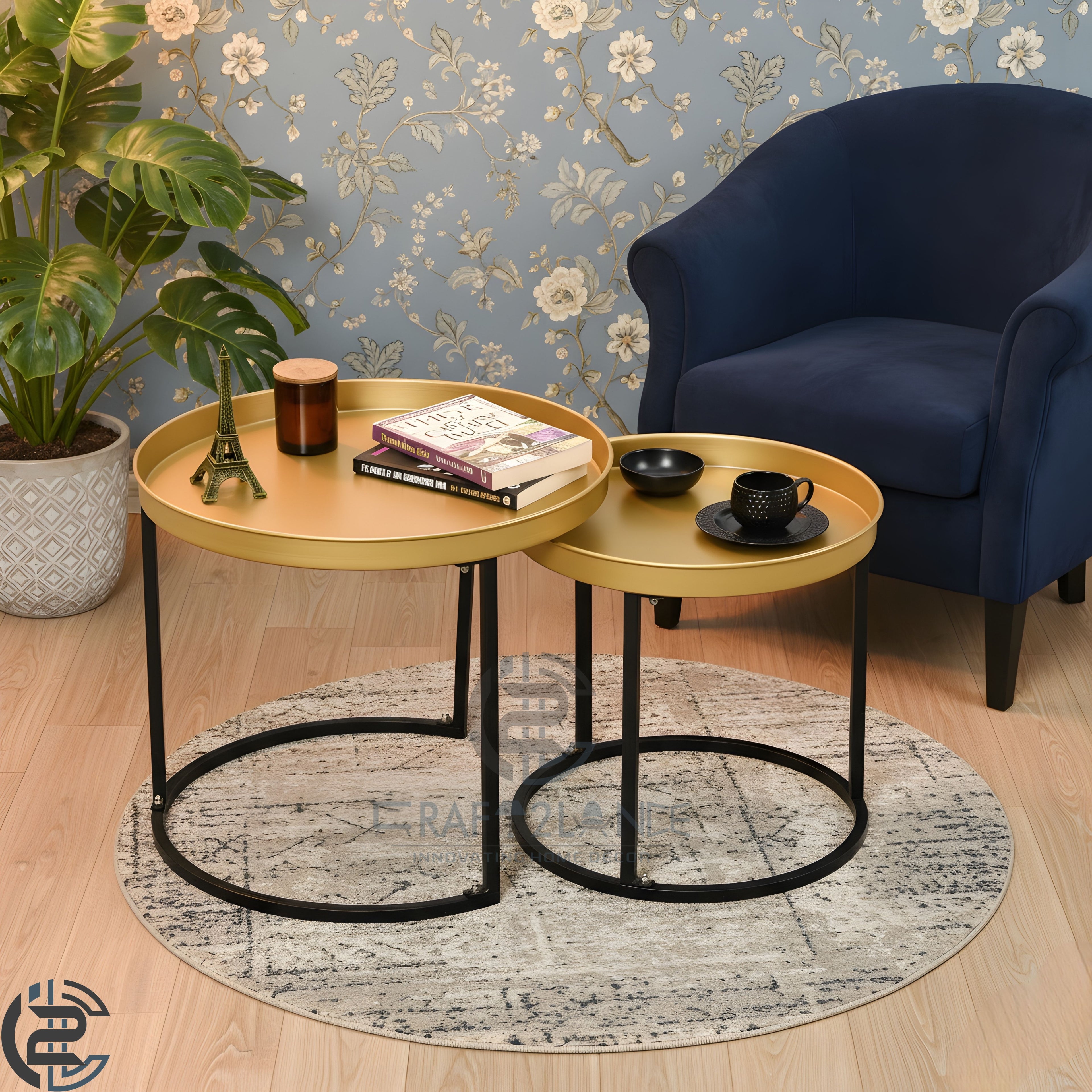 Gold Nesting Tables Set - Round Metal Center Tables with Black Frame