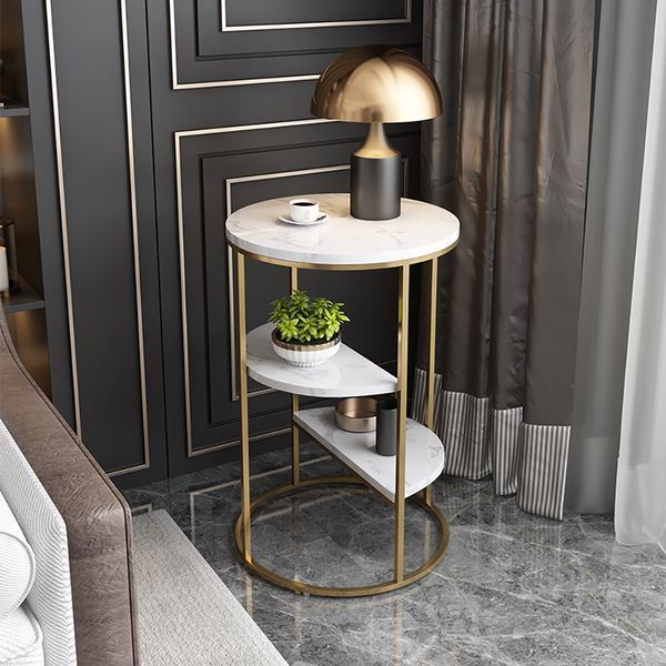 3-Tier White Marble Finish Side Table with Gold Frame - Modern End Table
