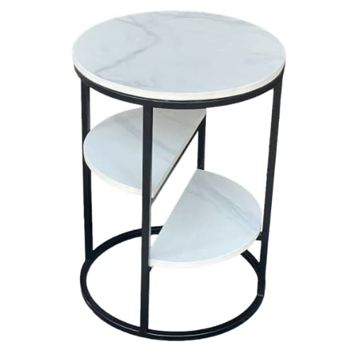 3-Tier Round Side Table with White Marble Finish Top - Black Metal Frame