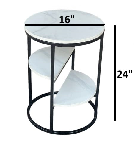 3-Tier Round Side Table with White Marble Finish Top - Black Metal Frame