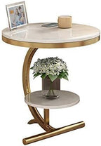 2-Tier Round Side Table with Curved Gold Frame - White Marble Finish Top