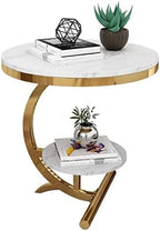 2-Tier Round Side Table with Curved Gold Frame - White Marble Finish Top