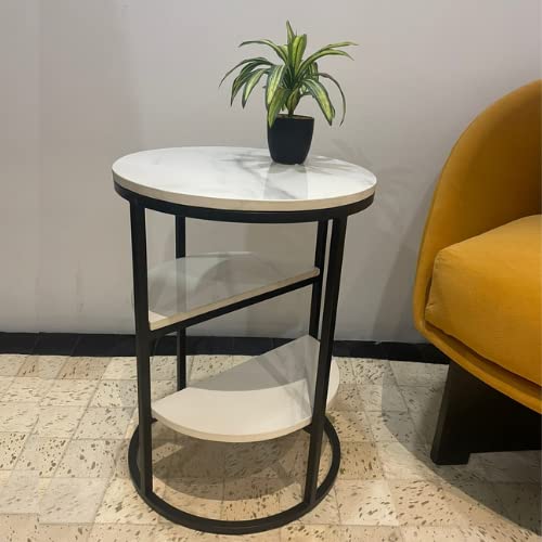 3-Tier Round Side Table with White Marble Finish Top - Black Metal Frame