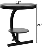 2-Tier Round Side Table with Curved Black Frame - Glossy Black Top