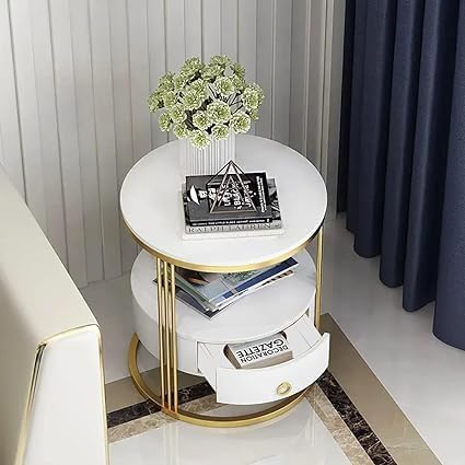 2-Tier Side Table with Storage Drawer - Gold Frame & White Shelves