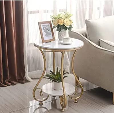 2-Tier Round Side Table with Ornate Gold Legs - White Marble Finish Top