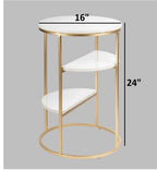 3-Tier White Marble Finish Side Table with Gold Frame - Modern End Table