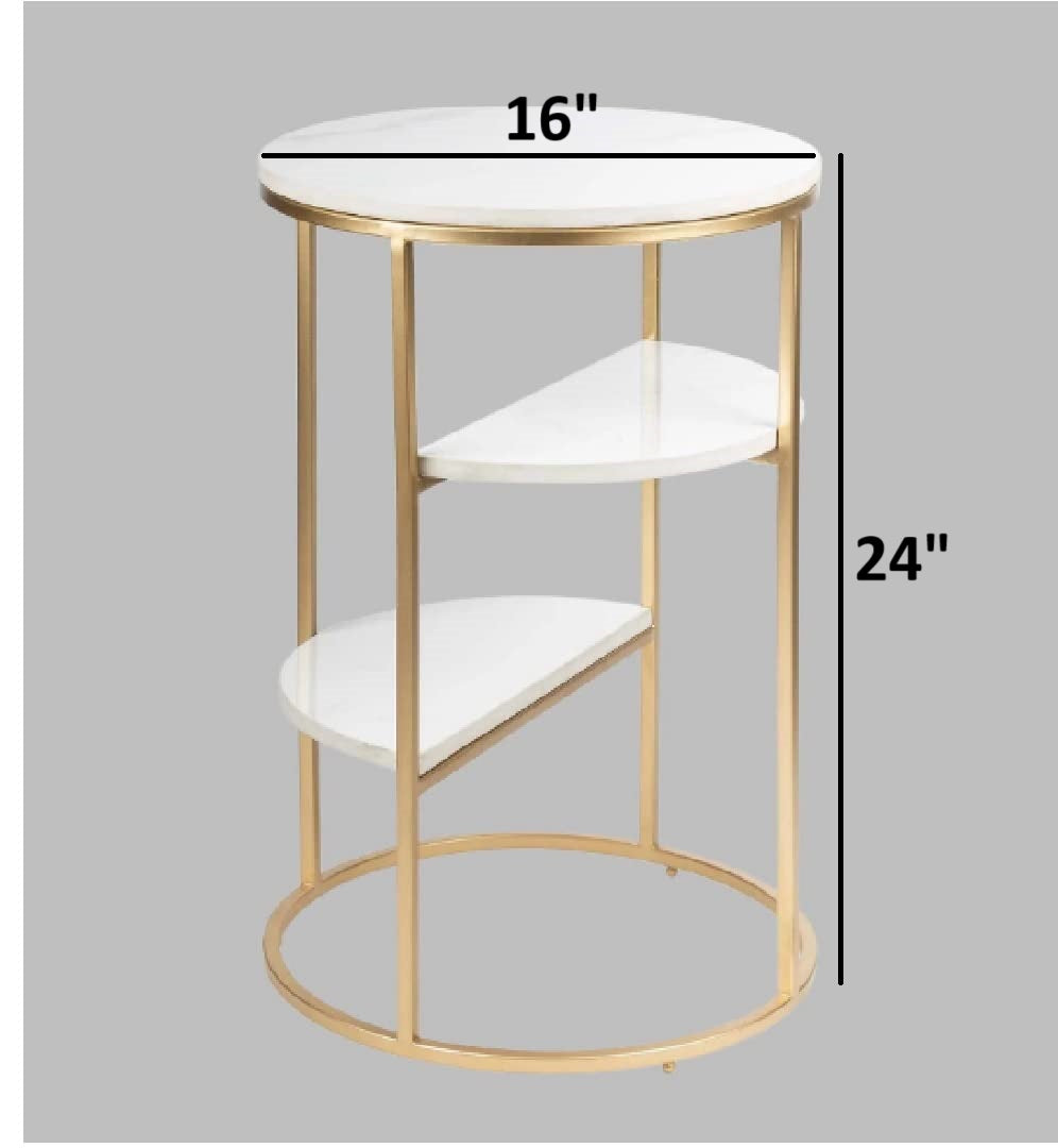 3-Tier White Marble Finish Side Table with Gold Frame - Modern End Table