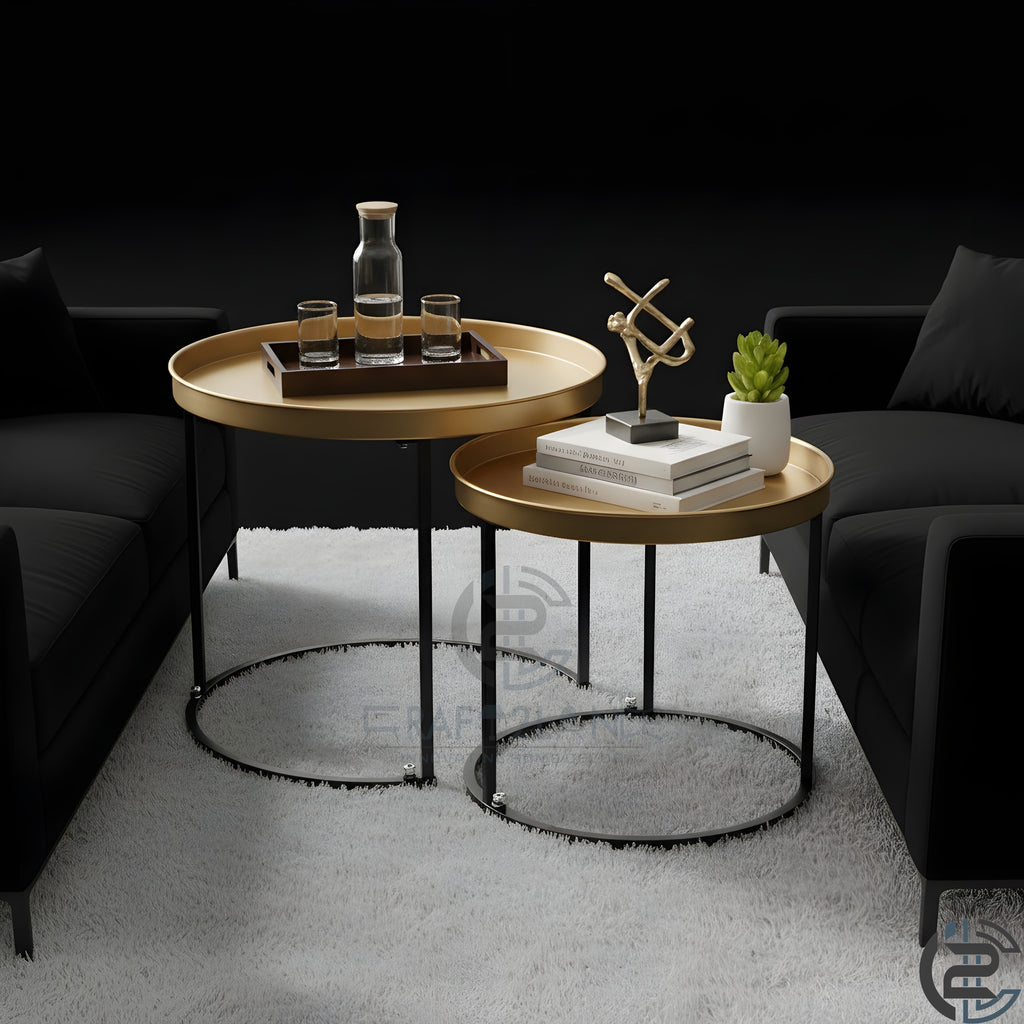 Gold Nesting Tables Set - Round Metal Center Tables with Black Frame