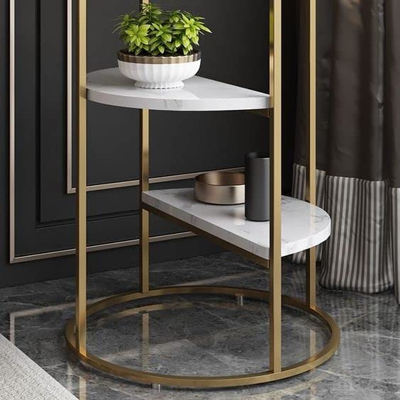3-Tier White Marble Finish Side Table with Gold Frame - Modern End Table