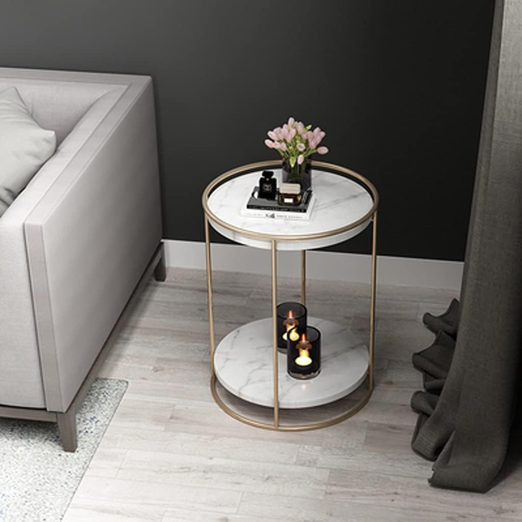 2-Tier Round Tray Side Table with Gold Frame