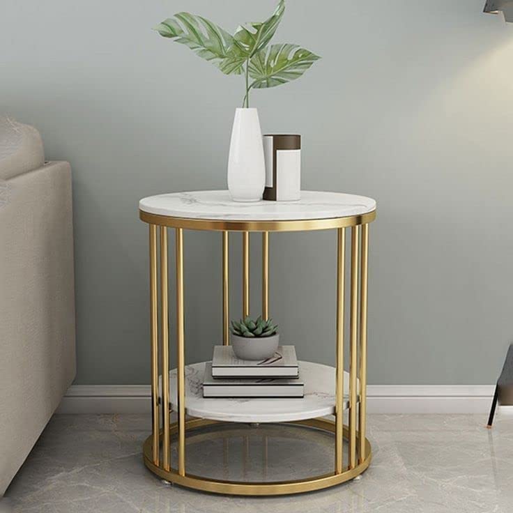 2-Tier Round Side Table with Gold Cage Frame - White Marble Finish Top