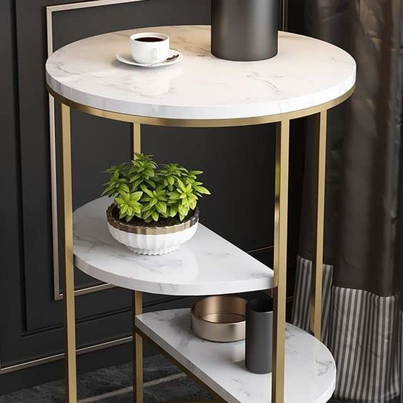 3-Tier White Marble Finish Side Table with Gold Frame - Modern End Table