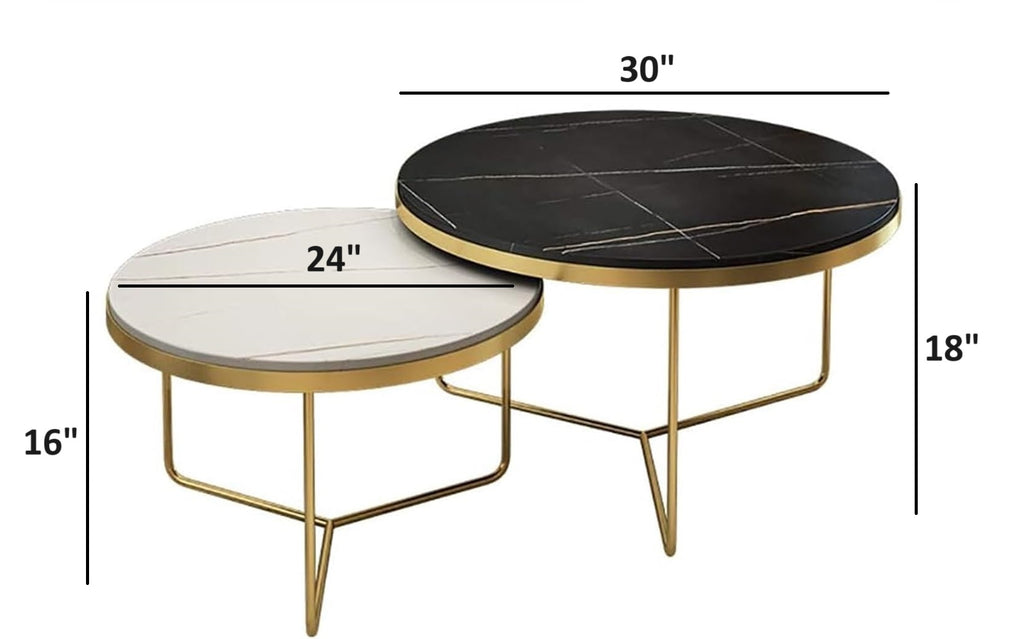 Eclipse Pair - Black & White Round Nesting Tables with Gold X-Frame Base