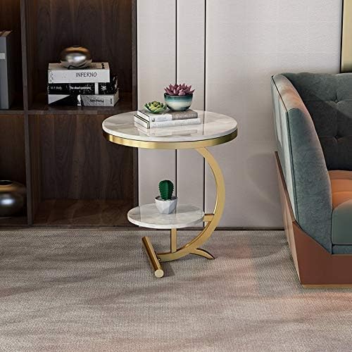 2-Tier Round Side Table with Curved Gold Frame - White Marble Finish Top