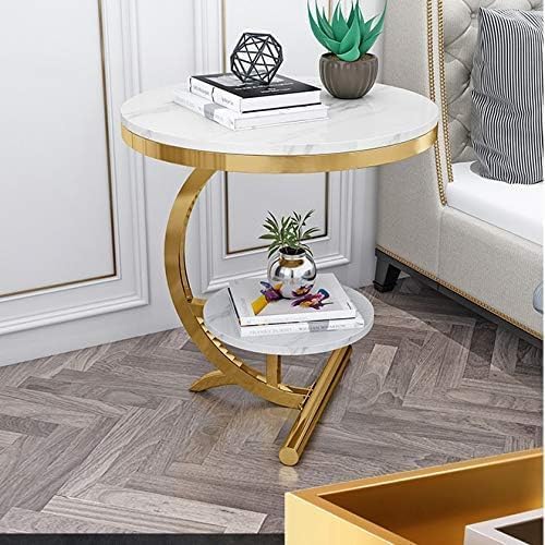 2-Tier Round Side Table with Curved Gold Frame - White Marble Finish Top