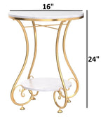 2-Tier Round Side Table with Ornate Gold Legs - White Marble Finish Top