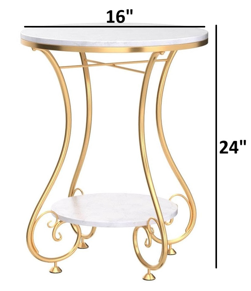 2-Tier Round Side Table with Ornate Gold Legs - White Marble Finish Top