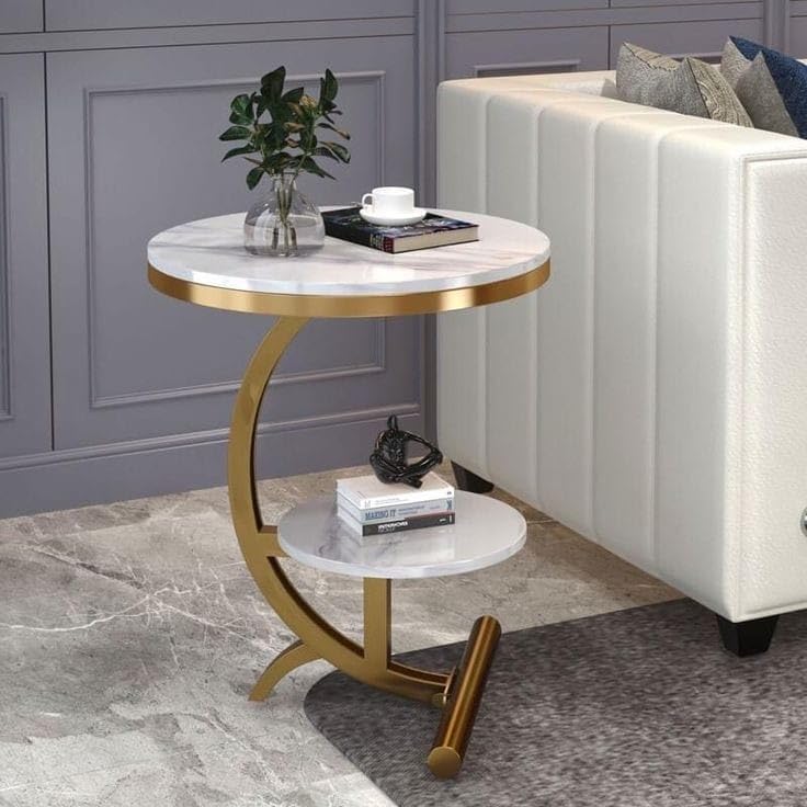2-Tier Round Side Table with Curved Gold Frame - White Marble Finish Top