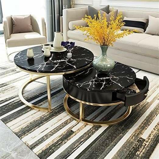 Black Top Nesting Tables - Scalloped Edge with Gold Arc Frame