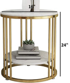 2-Tier Round Side Table with Gold Cage Frame - White Marble Finish Top
