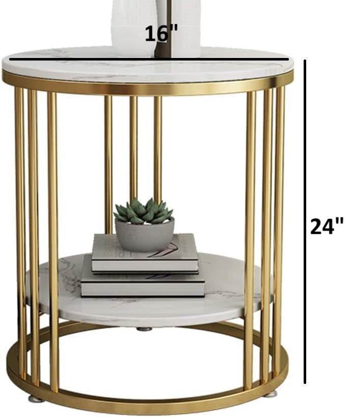 2-Tier Round Side Table with Gold Cage Frame - White Marble Finish Top