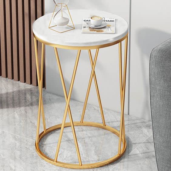 Round Side Table with Geometric Gold Frame - White Marble Finish Top