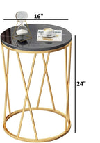 Round Side Table with Geometric Gold Frame - Black Marble Finish Top