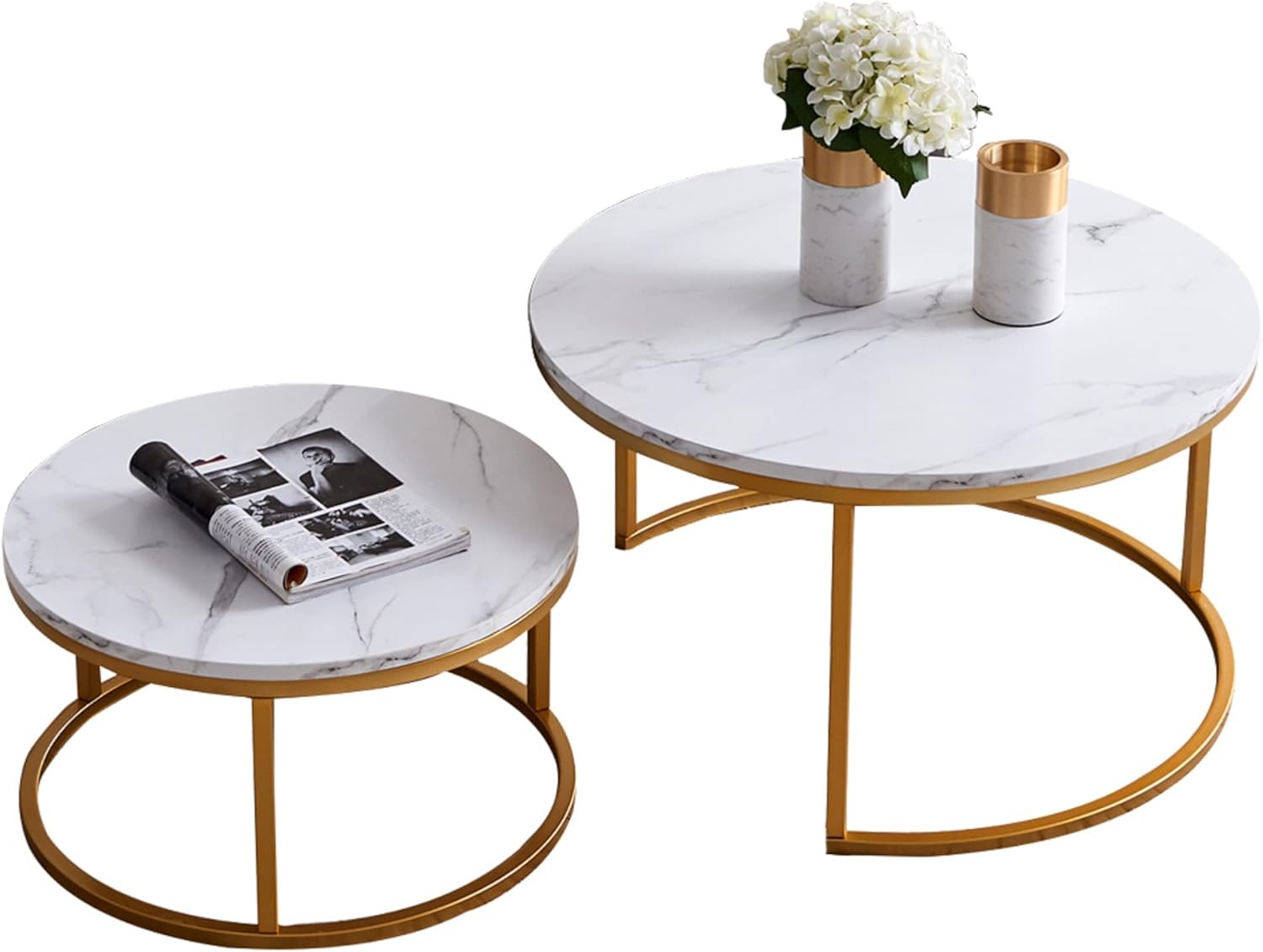 White Round Nesting Tables - Brushed Gold Half-Moon Base