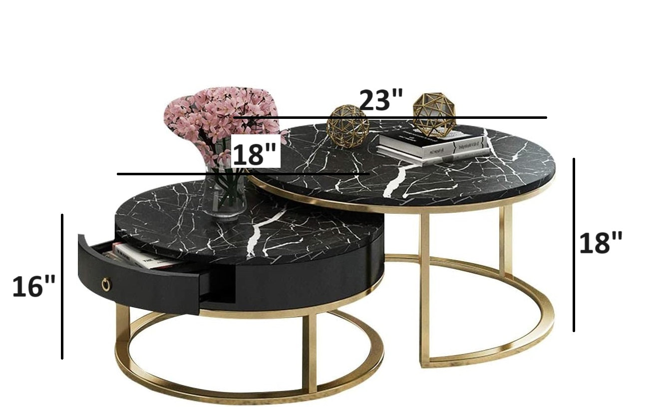 Black Top Nesting Tables - Scalloped Edge with Gold Arc Frame