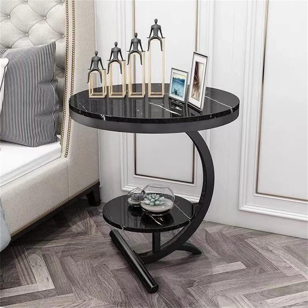 2-Tier Round Side Table with Curved Black Frame - Glossy Black Top