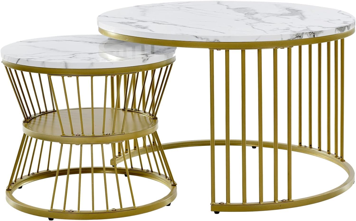 White Marble Nesting Tables - Gold Birdcage Frame | Art Deco Design