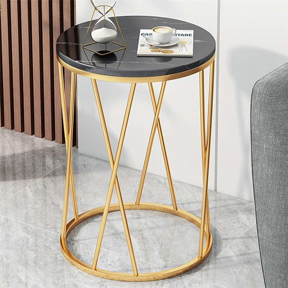 Round Side Table with Geometric Gold Frame - Black Marble Finish Top