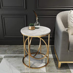 Round Side Table with Circular Gold Frame - White Marble Finish Top