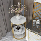2-Tier Round Side Table with Gold Cage Frame - White Marble Finish Top