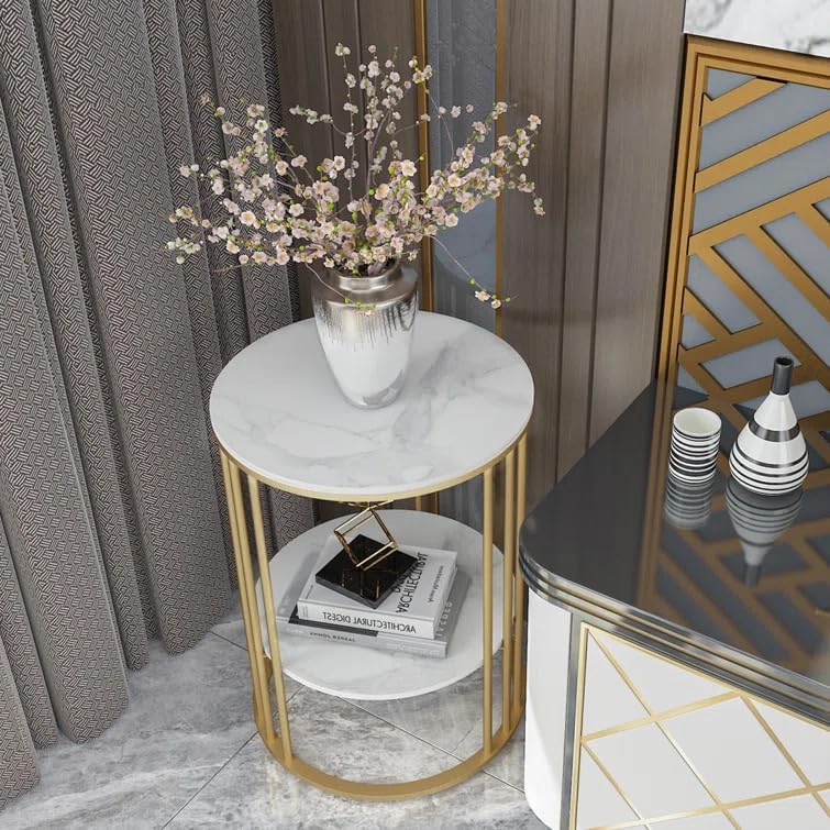 2-Tier Round Side Table with Gold Cage Frame - White Marble Finish Top