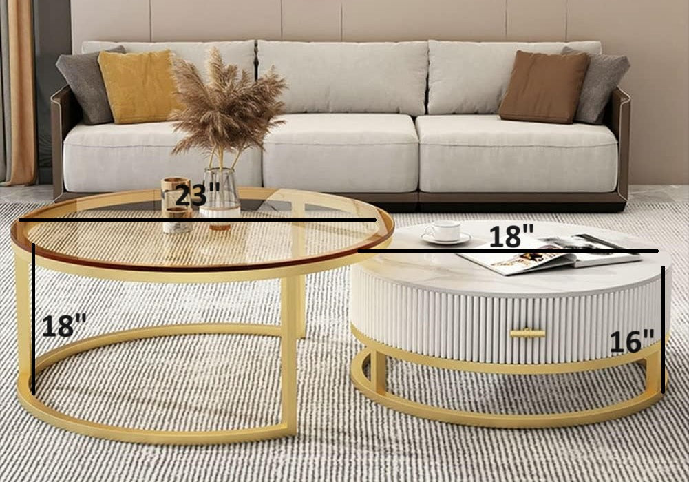Glass & Marble Nesting Tables - Textured Fluted Storage with Gold Frame