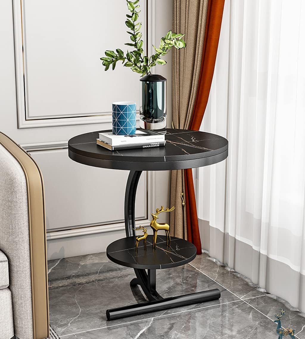 2-Tier Round Side Table with Curved Black Frame - Glossy Black Top
