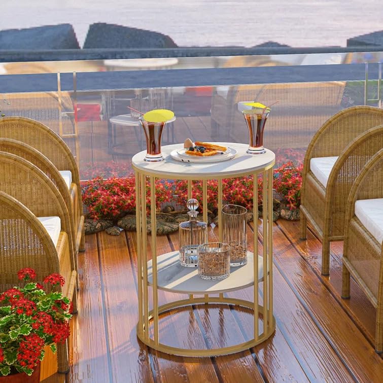 2-Tier Round Side Table with Gold Cage Frame - White Marble Finish Top