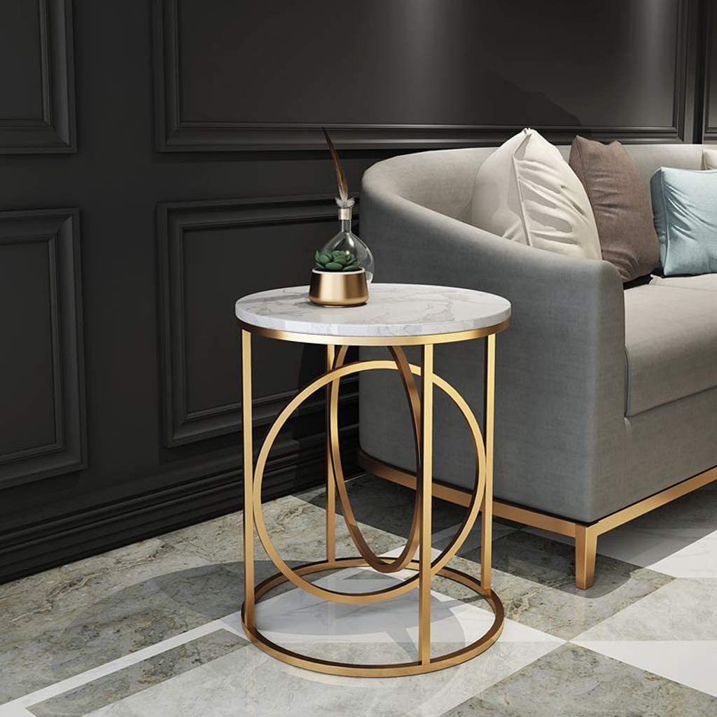 Round Side Table with Circular Gold Frame - White Marble Finish Top