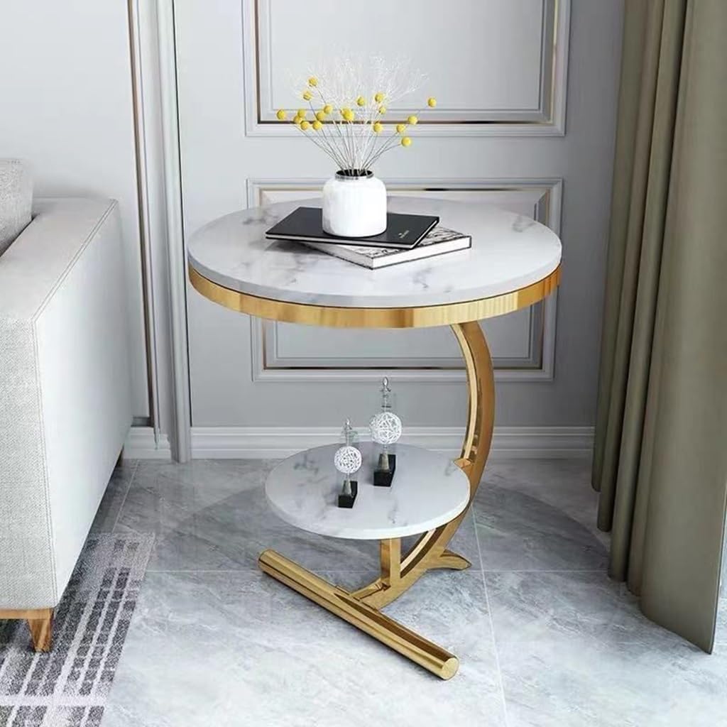 2-Tier Round Side Table with Curved Gold Frame - White Marble Finish Top