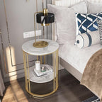 2-Tier Round Side Table with Gold Cage Frame - White Marble Finish Top
