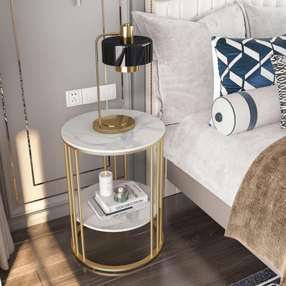 2-Tier Round Side Table with Gold Cage Frame - White Marble Finish Top