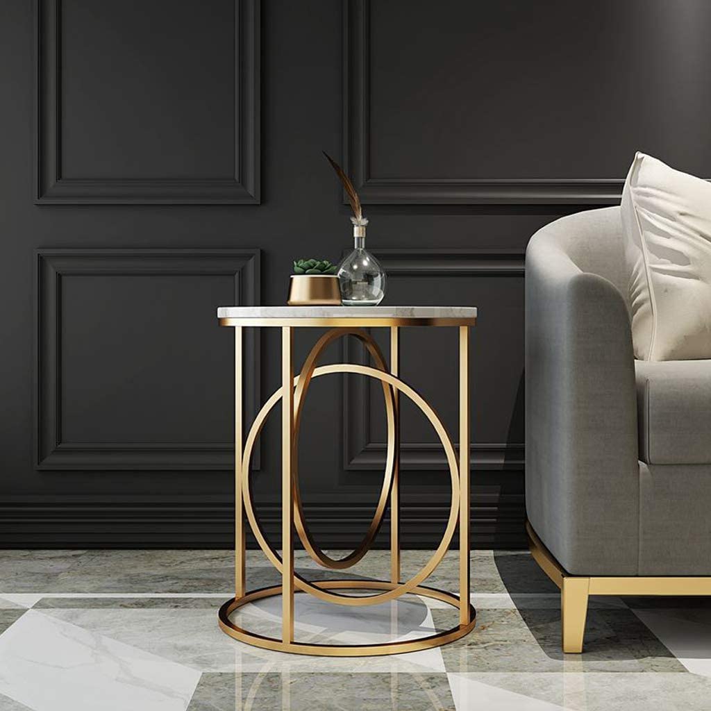 Round Side Table with Circular Gold Frame - White Marble Finish Top